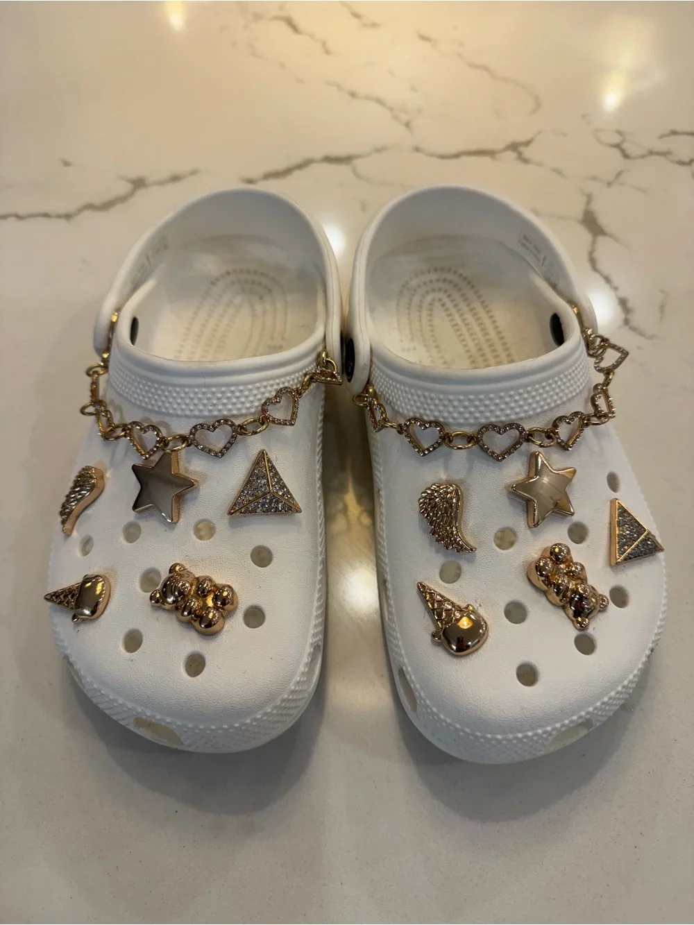 CROCS White Kids Clogs with Gold Charm Chain & Charms